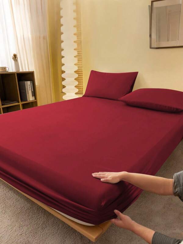 1pc Solid Burgundy Fitted Sheet, Mattress Protector, Mattress Cover, Fitted Sheet, Soft & Breathable, Fits All Bed Sizes - Twin, Full, Queen, King, Deep Pocket Up To 11.8 Inches, Dorm Bedding, Back To School